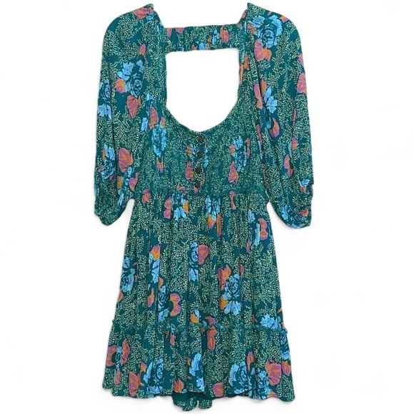 Free People Floral Dress Women’s S Green Open Back Puff Sleeve Smocked Summer - Picture 1 of 10